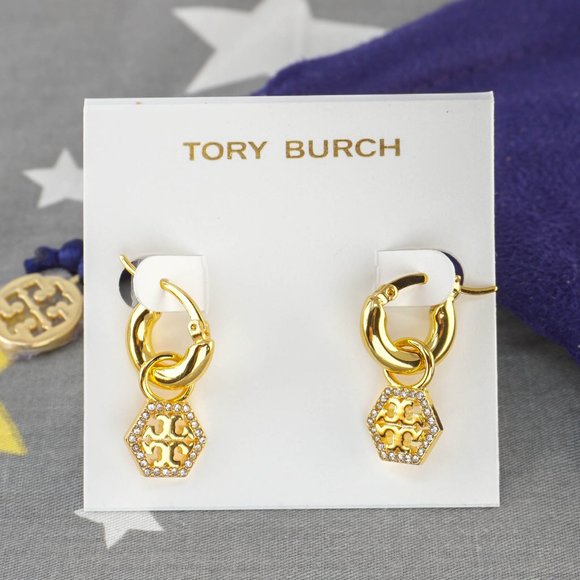 Amazon.com: Tory Burch Women Tory Burch Hex Pavé Huggie Hoop Earrings (Brand New with Dust Bag)